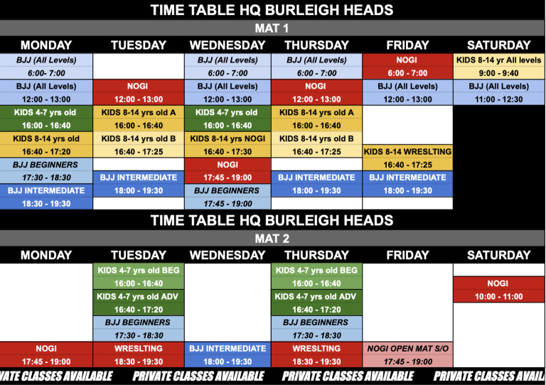 BJJ on the Gold Coast Classes Timetable - Southside BJJ Gold Coast